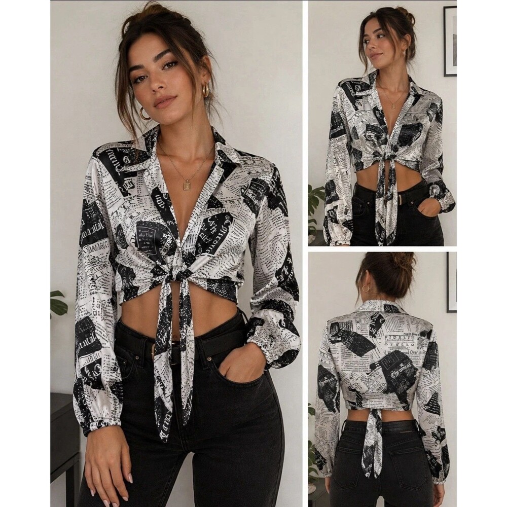 Dizzy Lizzy Newspaper Print Tie Front Crop Top Size Large Long Sleeve Satin